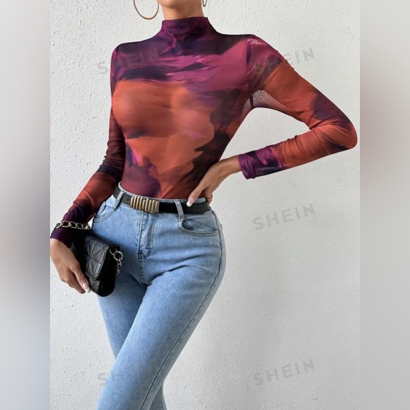 Tie Dye Mock Neck Mesh Top - Picture 6 of 6